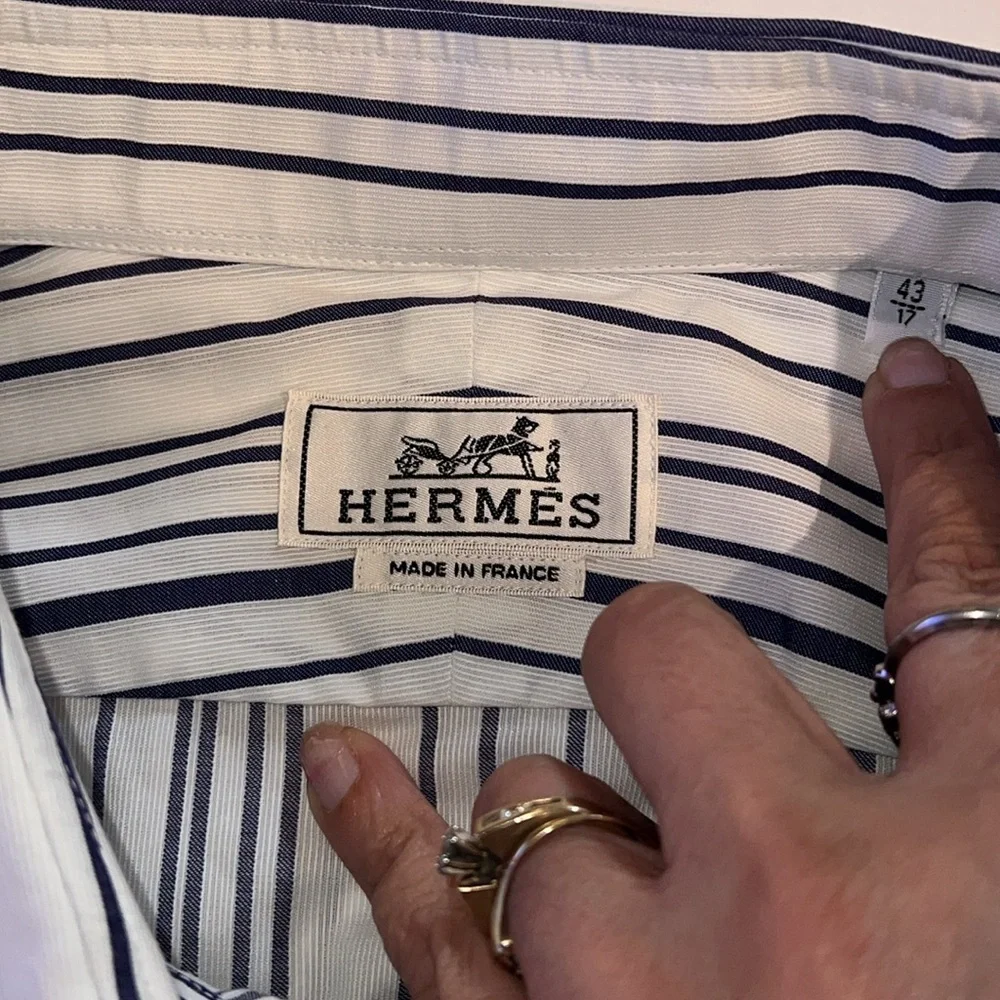 Hermés made in France men’s 43/17 button long sleeve shirt blue and white stripe - Picture 5 of 13